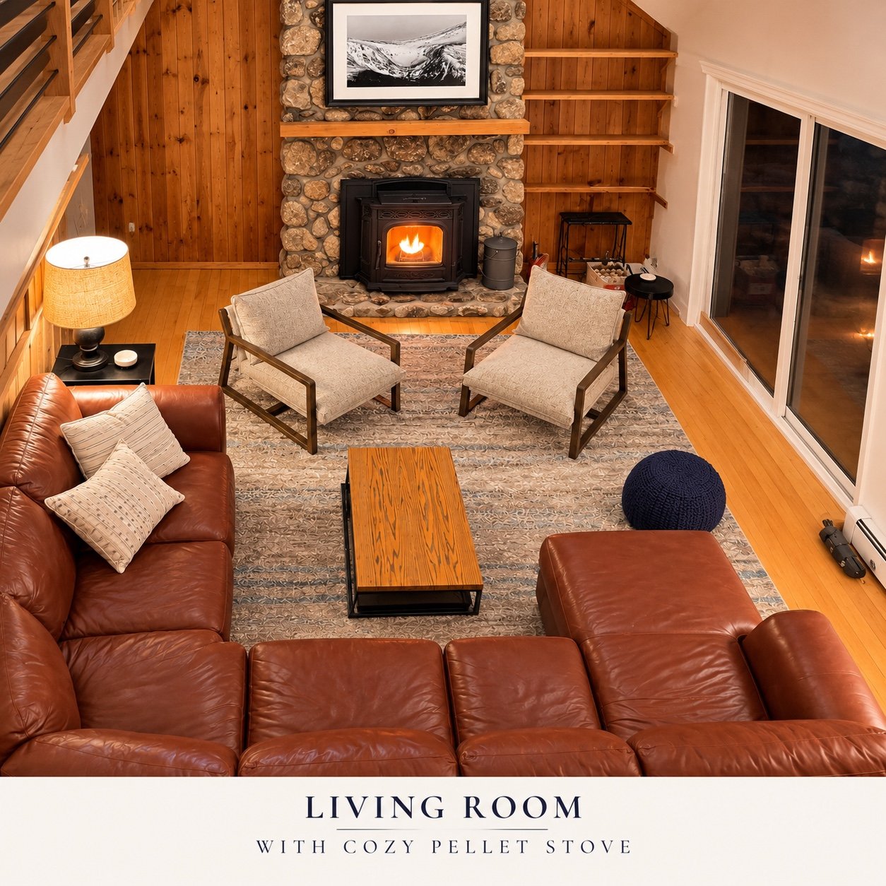 Cozy living room with stone hearth and pellet stove
