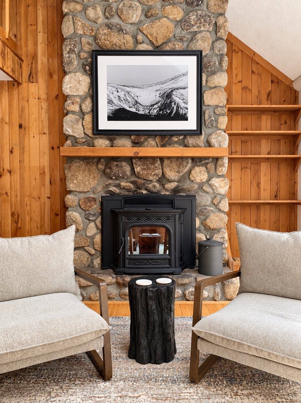Stone hearth and sitting chairs