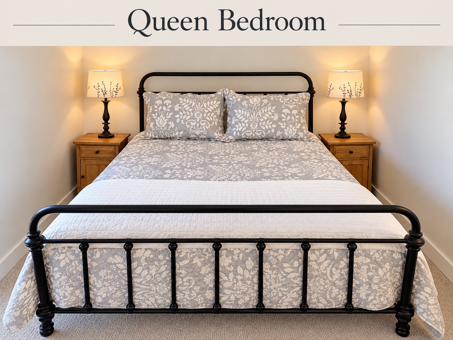 Queen bedroom with patterned bedding